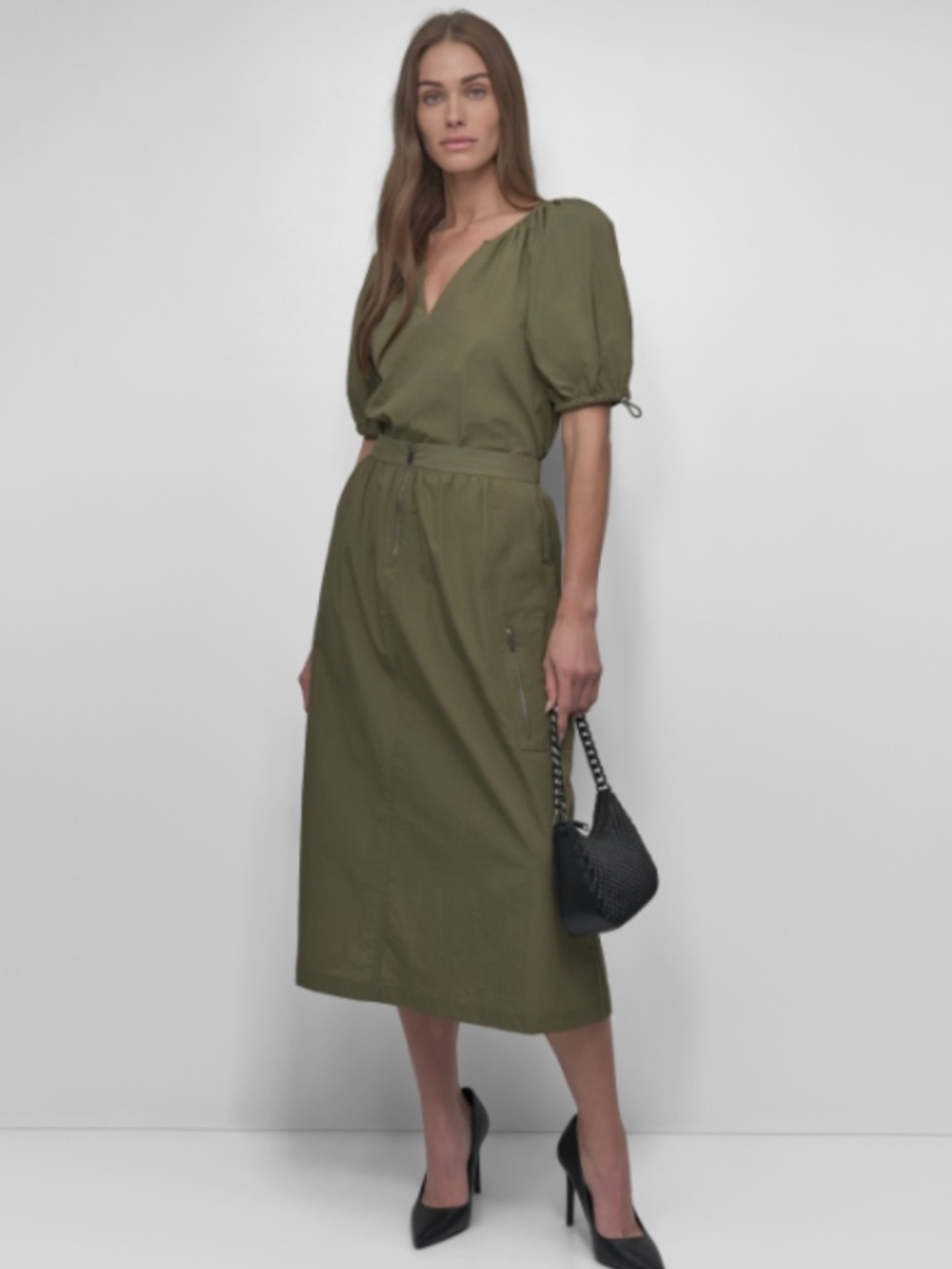 DKNY Women's Bungee-Sleeve Perforated Tech Top-Utility Green Size M/NWT
